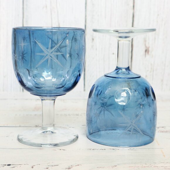 1960s Atomic Star Blue Goblets Thumbprint Glasses Vintage Bartlett Colins USA - Picture 1 of 8